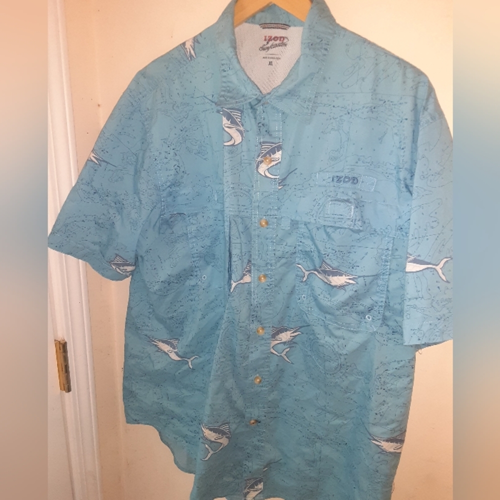 IZOD Surfcaster Fishing Men Short Sleeve Shirt Button Up Camper Outdoor Blue XL,